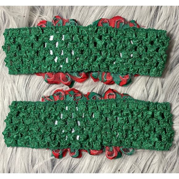 Baby Toddler Flower  Headbands Christmas Tree- Set of 2 green red handmade - Picture 2 of 5